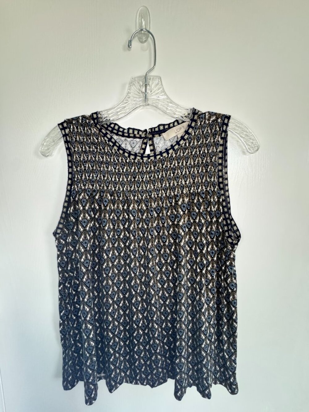 LOFT Sleeveless Smocked Blouse Medium Navy Brown White Print Rayon Tank Top